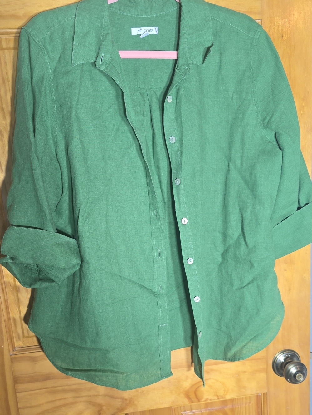 Chico's Emerald Green Linen Button-Down Shirt Size 2  Size 12